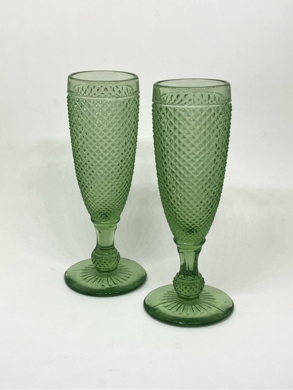 Vintage Green Vista Alegre Bicos - Pressed Glass Champagne Flutes - Set of 2